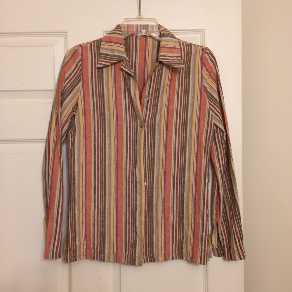 NÖH striped button down linen and cotton blend shirt. Slits at cuffs